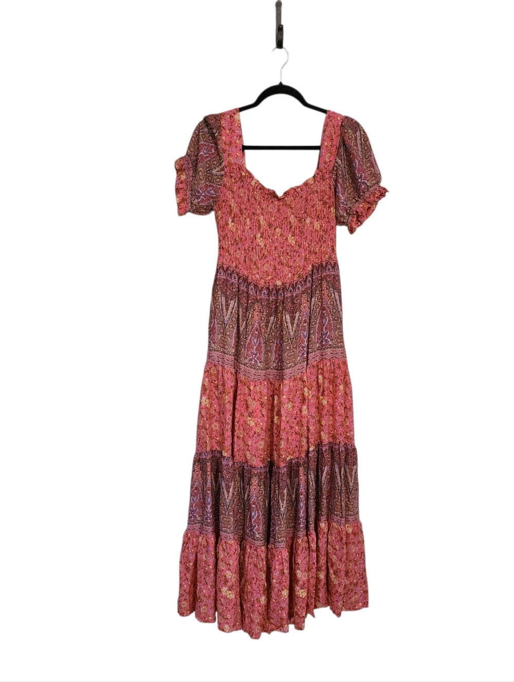 J.Nna Maxi Dress M Pink Tiered Floeal Smocked Summer Boho